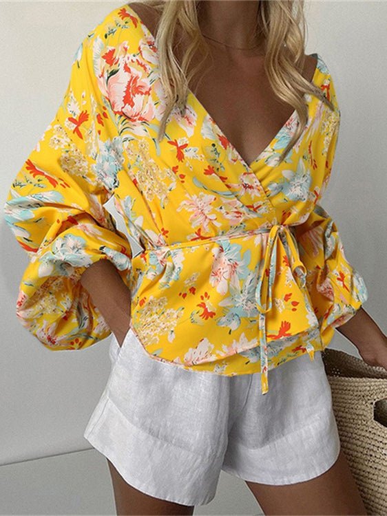 Women's Blouses V-Neck Printed Waist Tie Long Sleeve Blouse