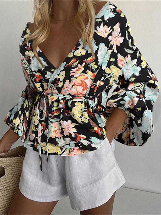 Women's Blouses V-Neck Printed Waist Tie Long Sleeve Blouse