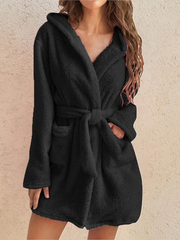 Women's Cardigans Plush Lapel Tie Pocket Cardigan