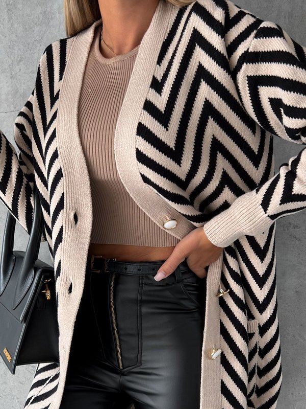 Women's Cardigans Strip Print Button Knitted Cardigan