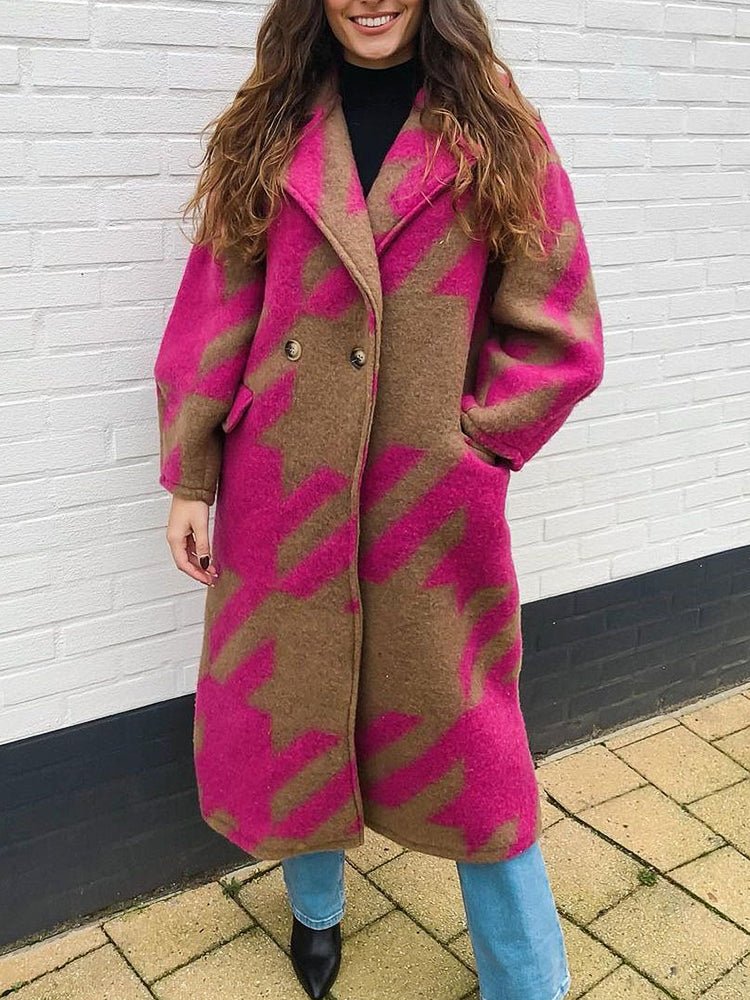 Women's Coats Color Block Long Sleeve Notched Lapel Printed Coat