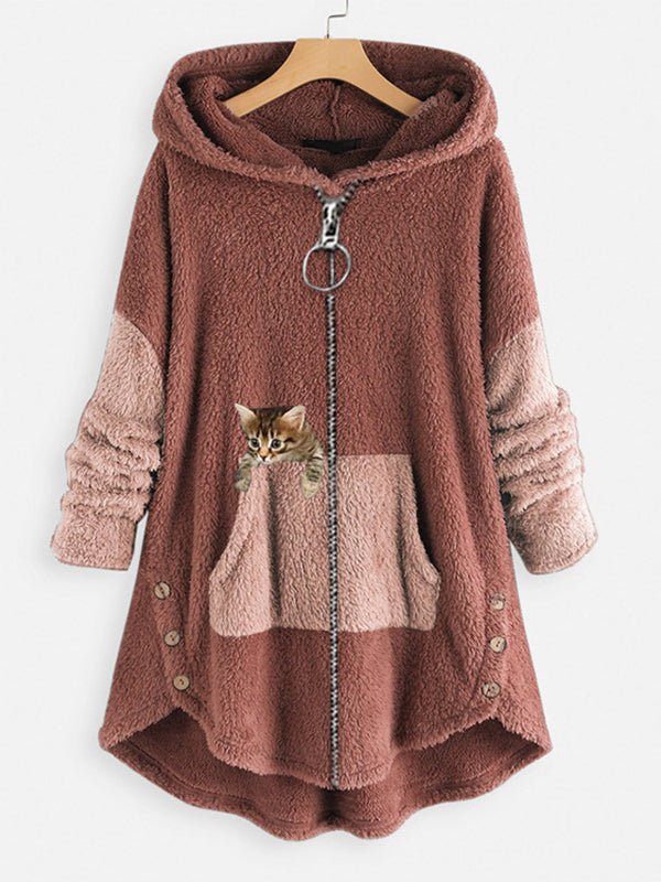 Women's Coats Cute Hooded Zipper Cat Printed Coat
