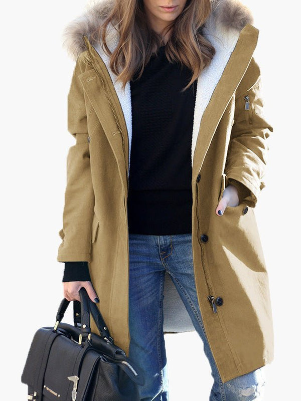 Women's Coats Fur Collar Zip Pocket Hooded Coat
