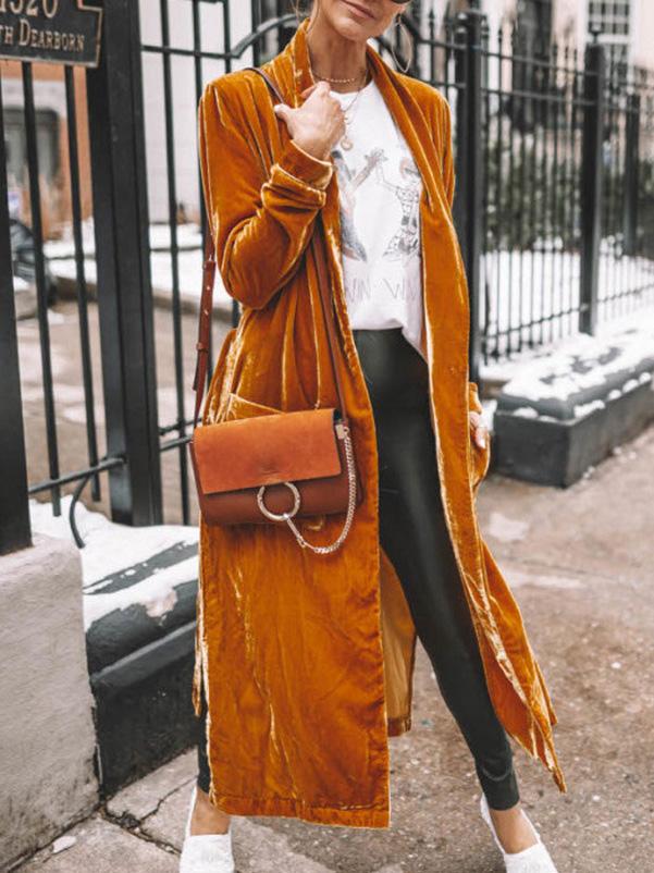 Women's Coats Loose Gold Velvet Long Sleeve Long Cardigan Coats
