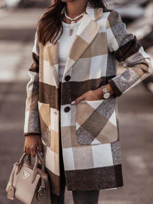 Women's Coats Loose Lapel Check Pocket Woolen Coat