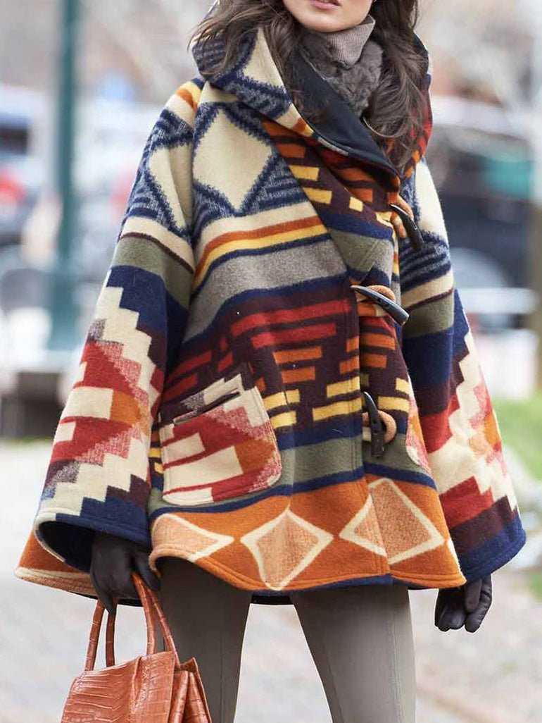Women's Coats Multicolor Printed Long Sleeve Wool Hooded Coats
