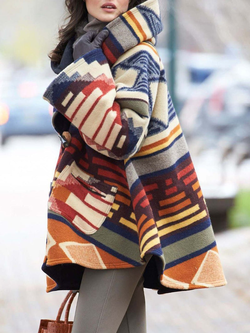 Women's Coats Multicolor Printed Long Sleeve Wool Hooded Coats
