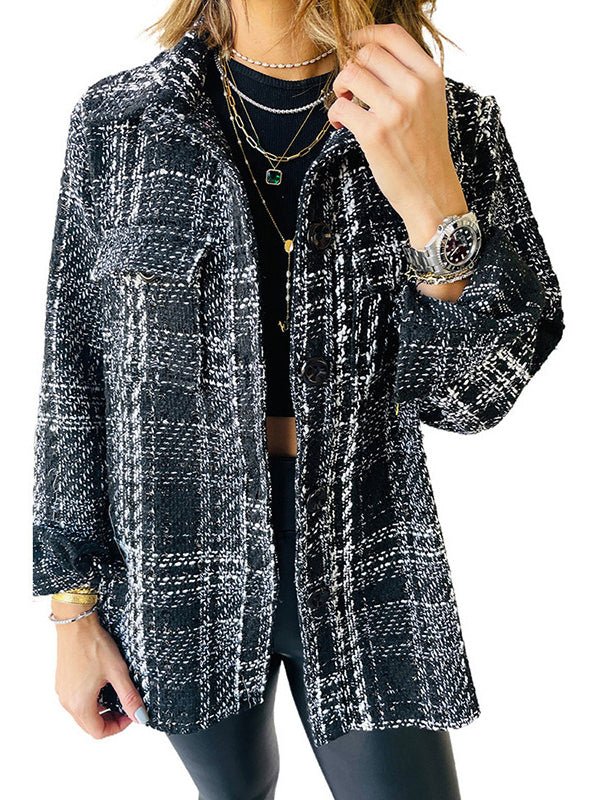 Women's Coats Plaid Lapel Loose Button Long Sleeves Coat