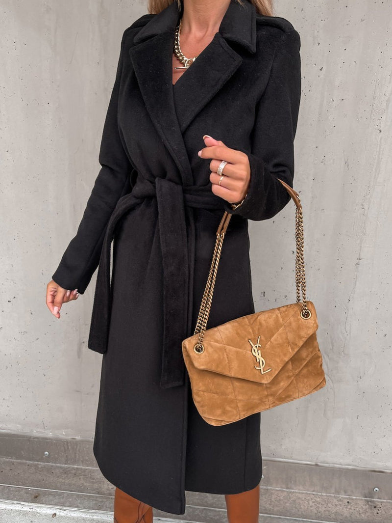 Women's Coats Simple Lapel Belted Long Sleeve Woolen Coat