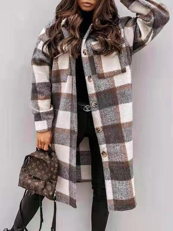 Women's Coats Single Breasted Plaid Brushed Mid Length Wool Coat