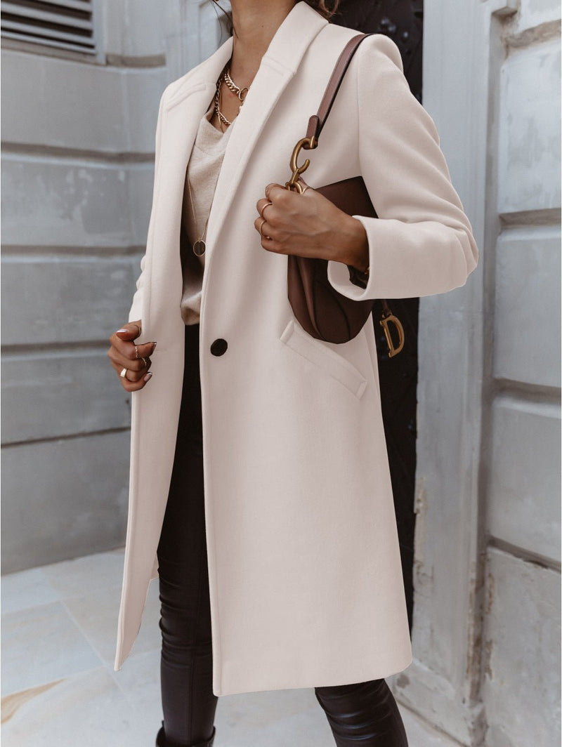 Women's Coats Solid Lapel Long Sleeve Midi Coat
