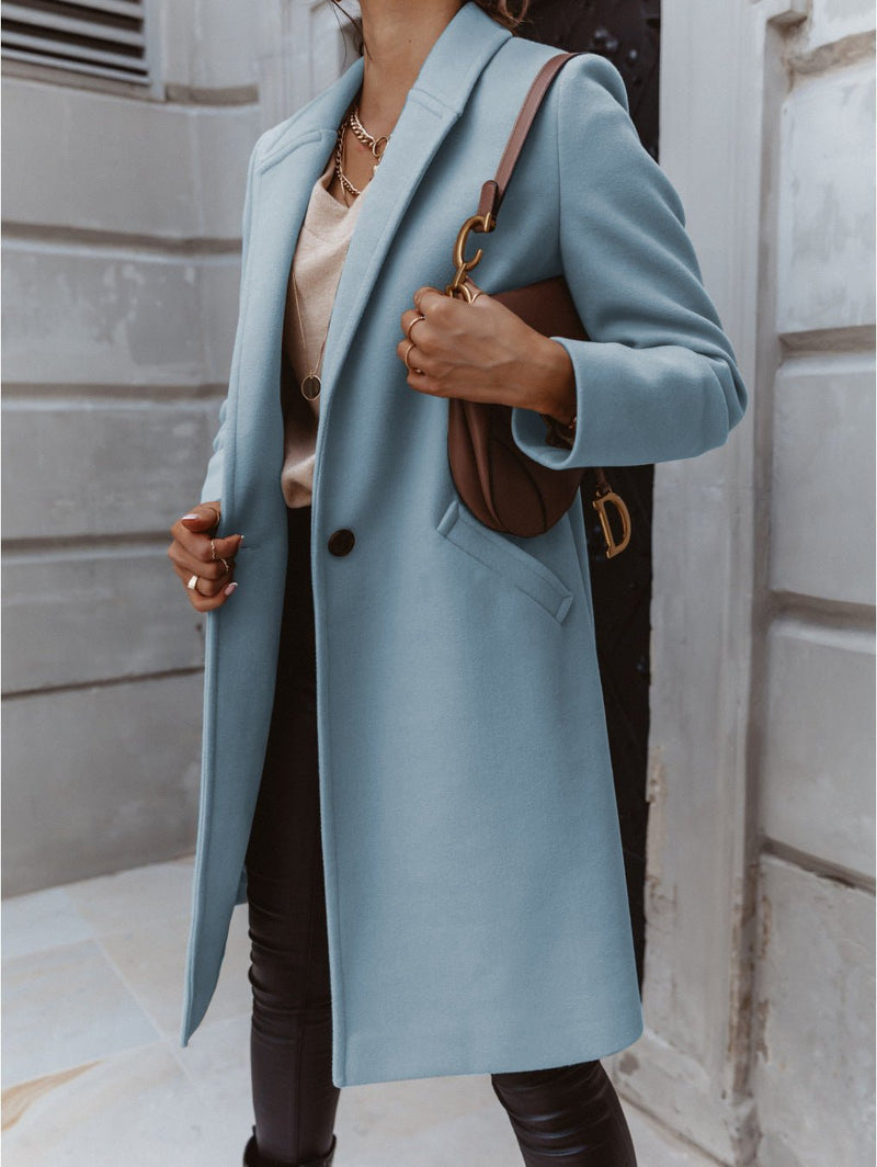 Women's Coats Solid Lapel Long Sleeve Midi Coat