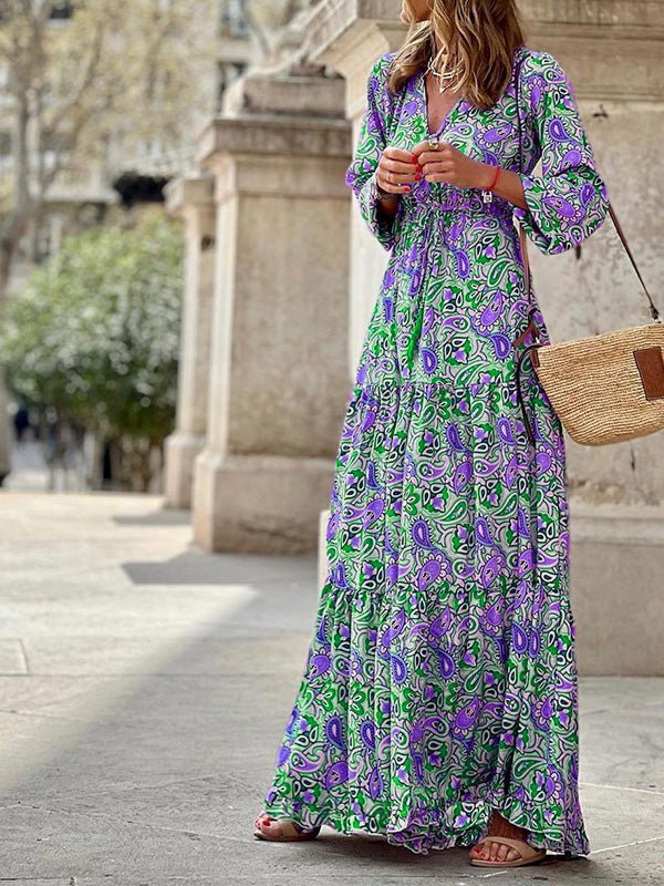 Women's Dresses Bohemian Print V-Neck Long Sleeve Dress