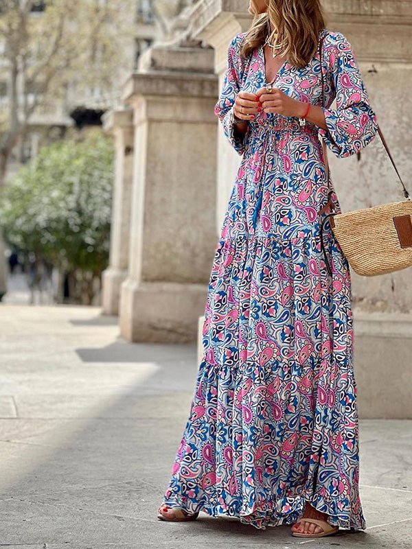 Women's Dresses Bohemian Print V-Neck Long Sleeve Dress