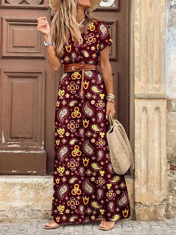 Women's Dresses Boho Print V-Neck Belt Slit Dress