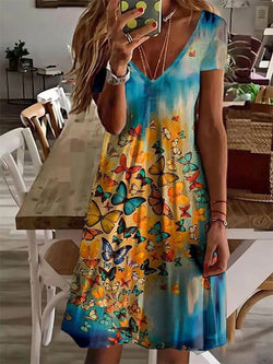 Women's Dresses Butterfly Print V-Neck Short Sleeve Dress