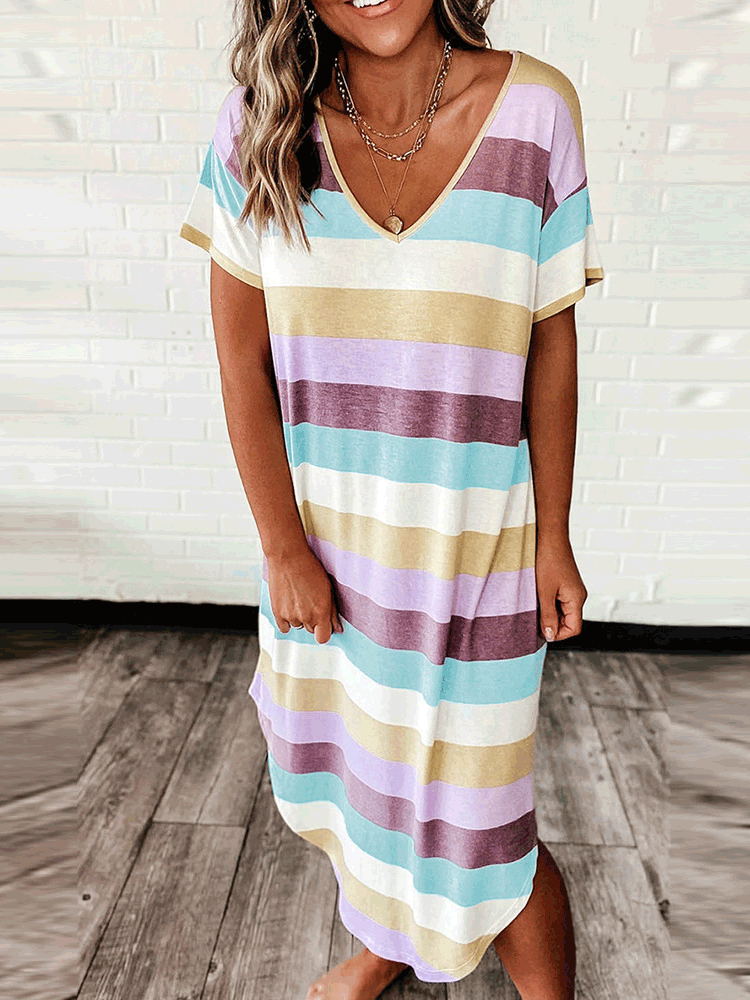 Women's Dresses Casual Colorful Striped V-Neck Short Sleeve Dress