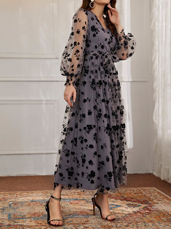 Women's Dresses Casual V-Neck Floral Print Lace High-Waist Midi Dress