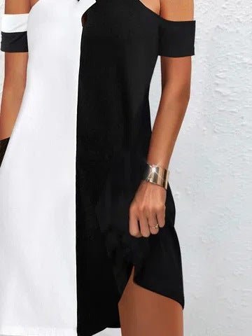 Women's Dresses Color Contrast Cross Neck Off Shoulder Short Sleeve Dress