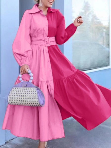Women's Dresses Contrast Single-Breasted Belted Long Sleeve Dress