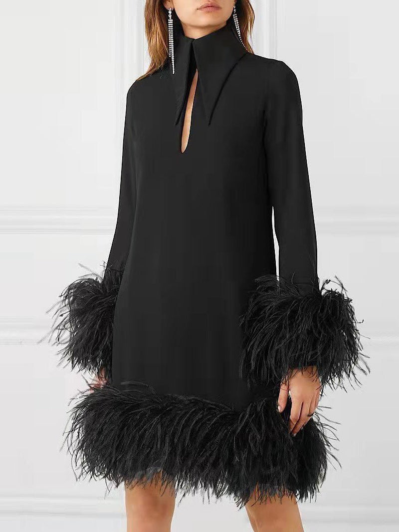 Women's Dresses Feather Paneled Turtleneck Long Sleeve Dress