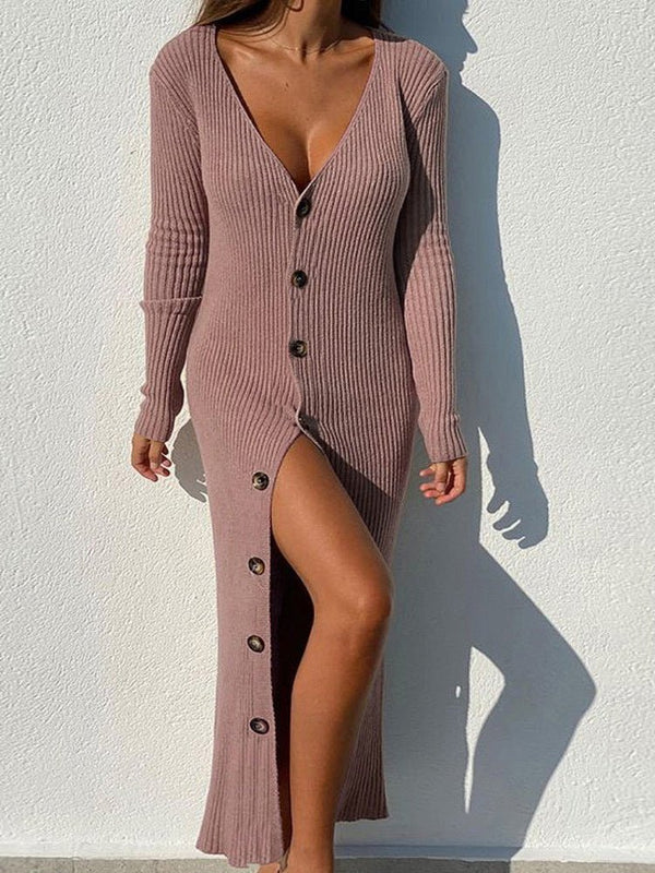 Women's Dresses Knitting Thread Button Long Sleeve Maxi Dress