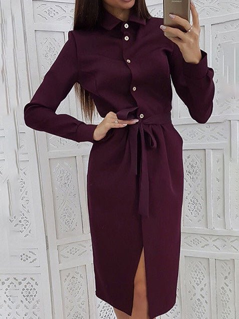 Women's Dresses Lapel Button Tie Long Sleeve Shirt Dress