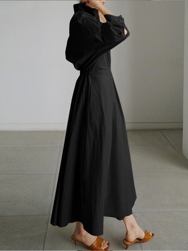 Women's Dresses Lapel Elastic Waist Shirt Long Sleeve Dress