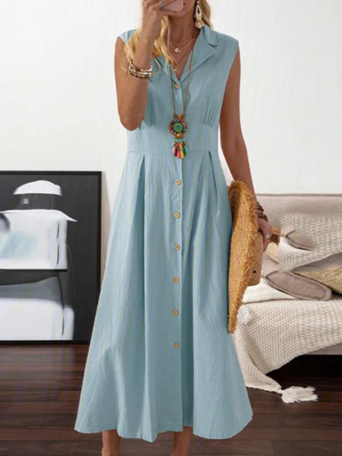 Women's Dresses Lapel Vintage Button Sleeveless Dress