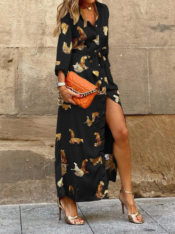 Women's Dresses Leopard Lace Up Single Breasted Long Sleeve Dress