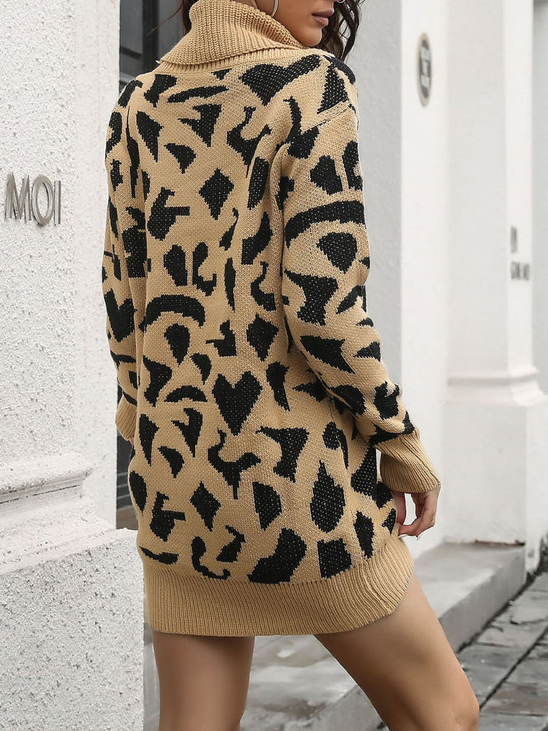 Women's Dresses Leopard Print Turtleneck Long Sleeve Knit Dress