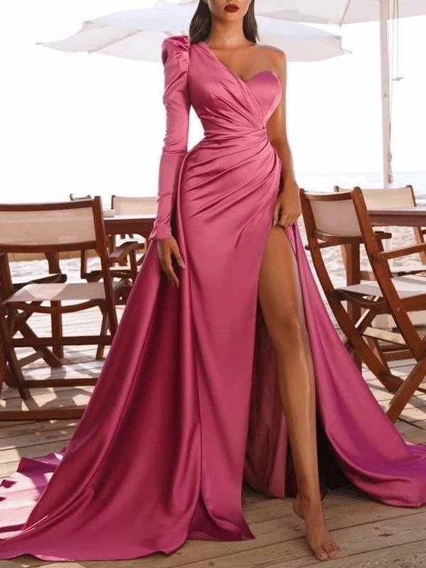 Women's Dresses Long Sleeve One Shoulder High Slit Party Evening Dress