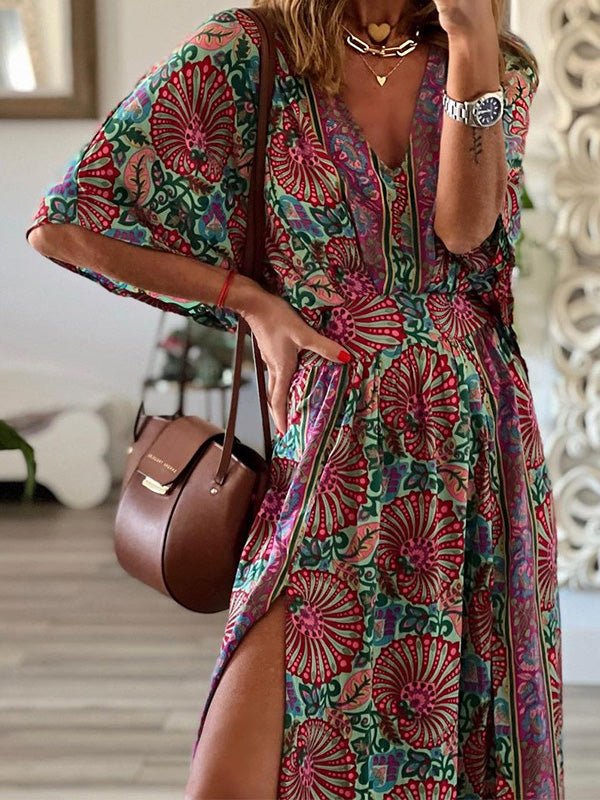 Women's Dresses Loose Boho Print V-Neck Slit Dress