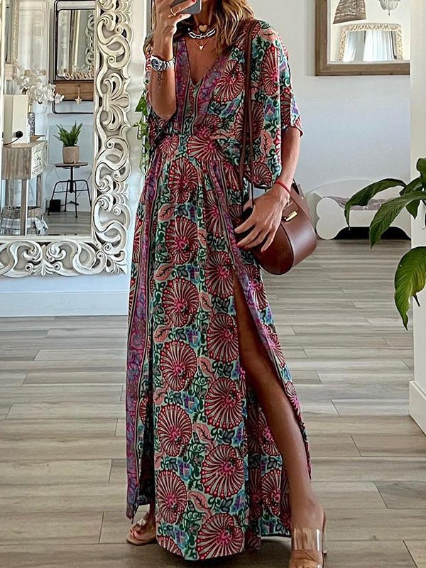 Women's Dresses Loose Boho Print V-Neck Slit Dress