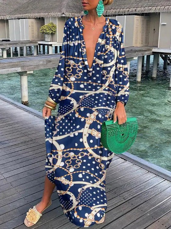 Women's Dresses Loose V-Neck Long Sleeve Print Dress