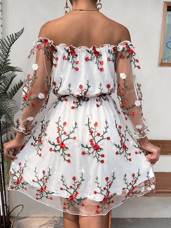 Women's Dresses Mesh Embroidered One-Shoulder Mini Dress