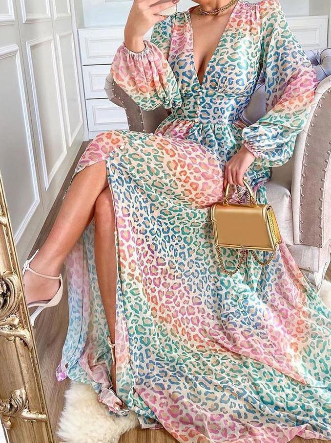 Women's Dresses Multicolor Leopard Print Deep V-Neck Long Sleeve Casual Dress