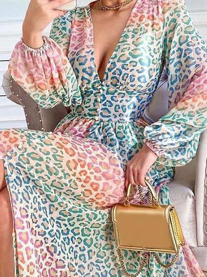 Women's Dresses Multicolor Leopard Print Deep V-Neck Long Sleeve Casual Dress