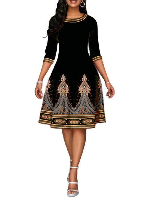 Women's Dresses National Style Printed High Waist Mid Sleeve Midi Dress