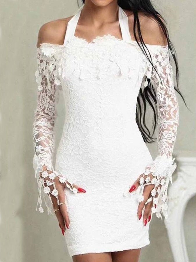 Women's Dresses One Shoulder Lace Long Sleeve Dress