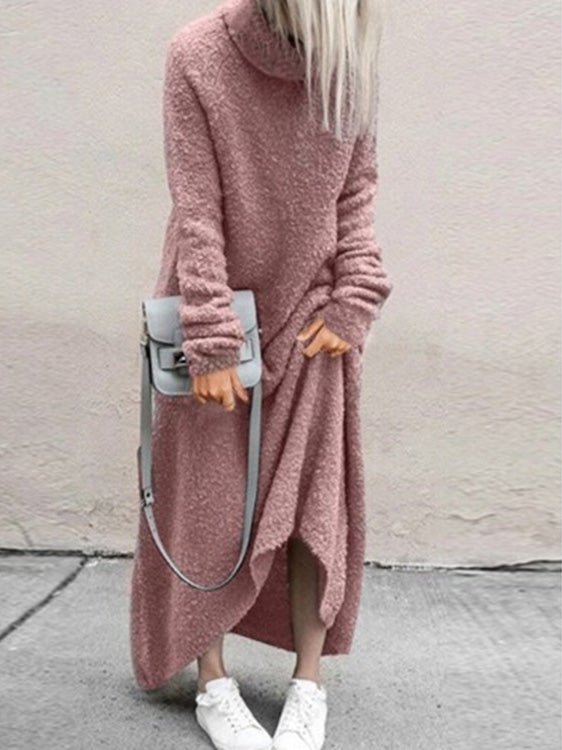 Women's Dresses Plush Solid Turtleneck Long Sleeve Dress