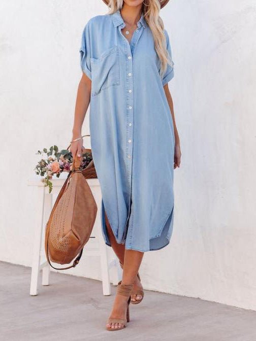 Women's Dresses Pocket Short Sleeve Denim Slit Shirt Dress