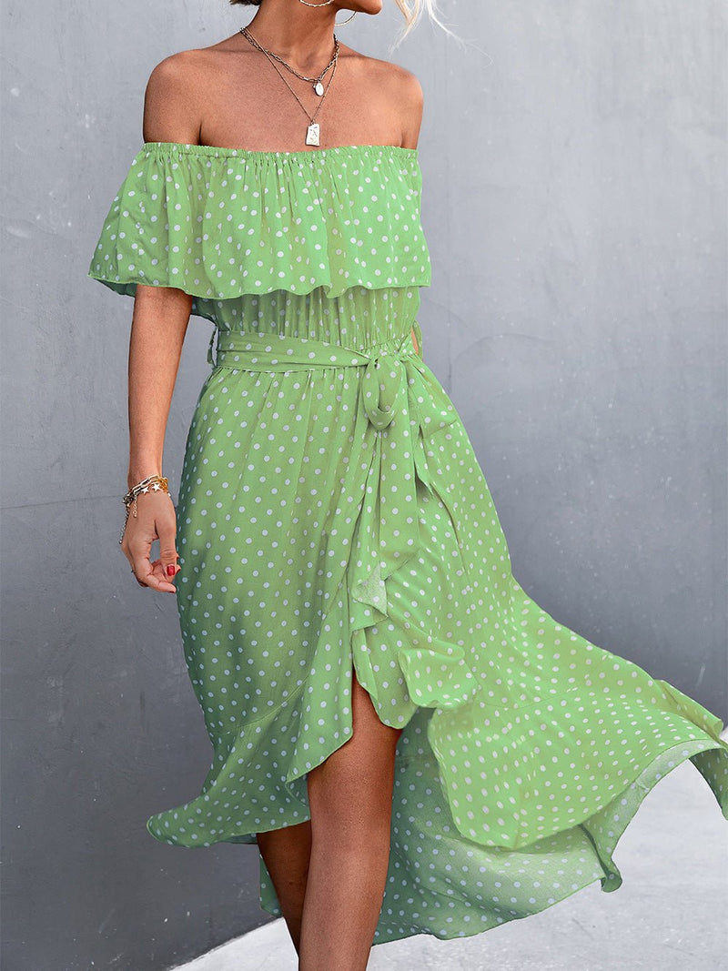 Women's Dresses Polka Dot Off-Shoulder Irregular Ruffle Slit Dress