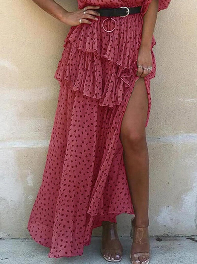 Women's Dresses Polka Dot Print Sloping Shoulder Split Chiffon Dress