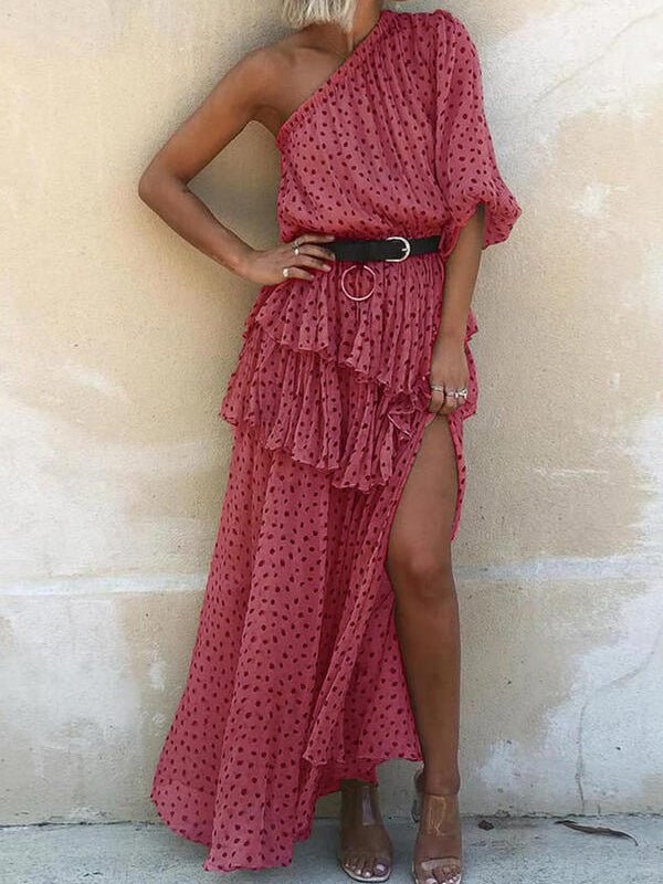 Women's Dresses Polka Dot Print Sloping Shoulder Split Chiffon Dress