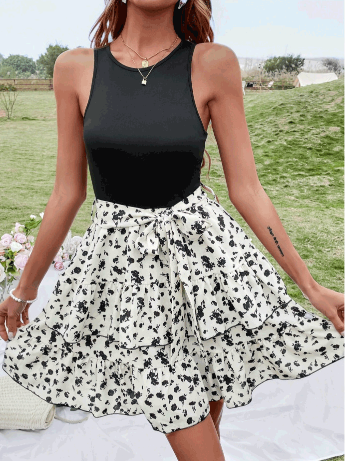 Women's Dresses Printed Crew Neck Belted Sleeveless Dress