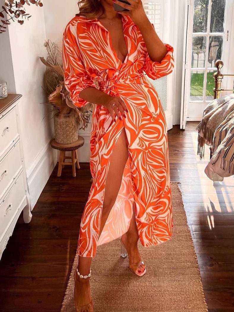 Women's Dresses Printed Lapel Collar Long Sleeve Slit Dress