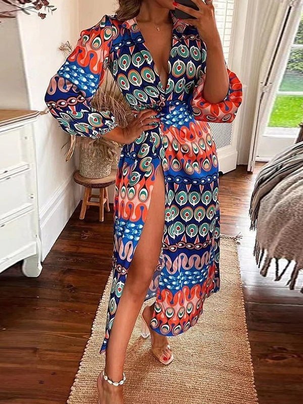 Women's Dresses Printed Lapel Tie Long Sleeve Slit Dress