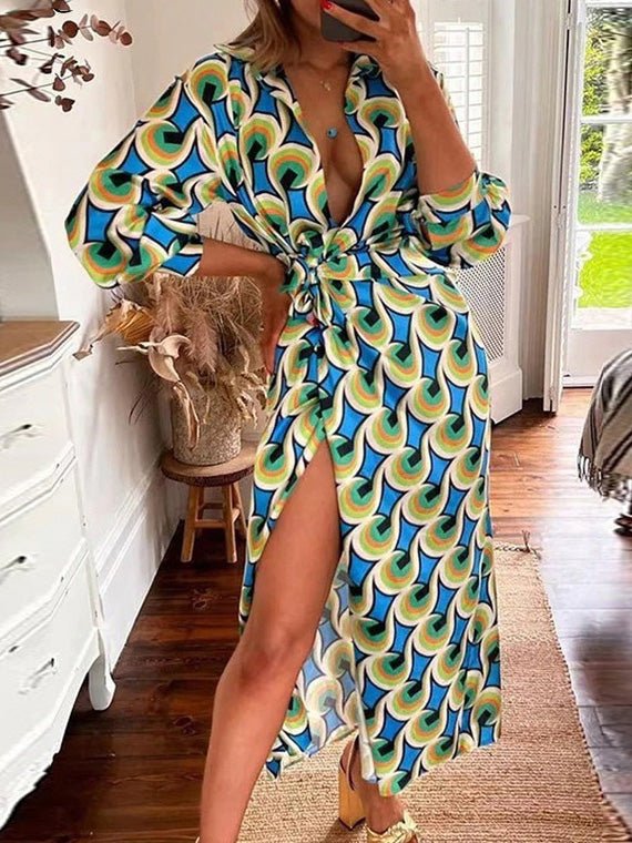 Women's Dresses Printed Lapel Tie Long Sleeve Slit Dress