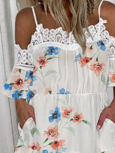Women's Dresses Printed Ruffle Pocket Sling Lace Dress